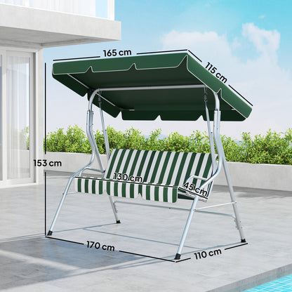 3-seat garden swing, outdoor swing with adjustable canopy, striped pattern, with seat and backrest cushions, 1.7 x 1.1 x 1.53 m, metal polyester, green