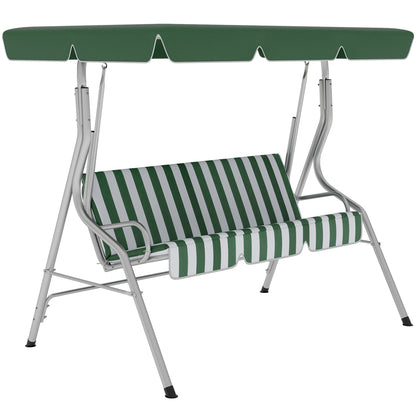 3-seat garden swing, outdoor swing with adjustable canopy, striped pattern, with seat and backrest cushions, 1.7 x 1.1 x 1.53 m, metal polyester, green