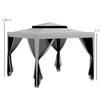 3x3m Garden Gazebo Detachable Outdoor Canopy with 4 Side Mosquito Mesh Curtains Double Roof and Anti-UV Waterproof Metal Frame Pavilion for Patio Gray