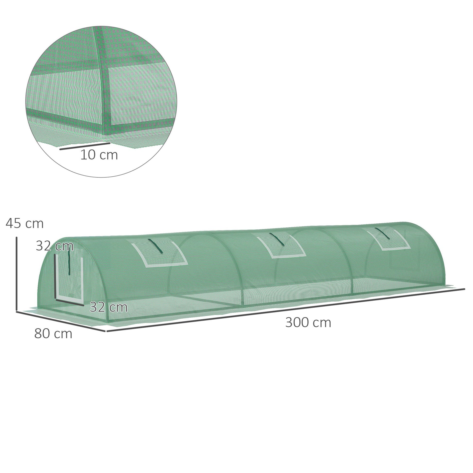 Mini Garden Tunnel Greenhouse 300 x 80 x 45 cm 5 Roll-up Windows PE 140 g/m² Green Epoxy Metal