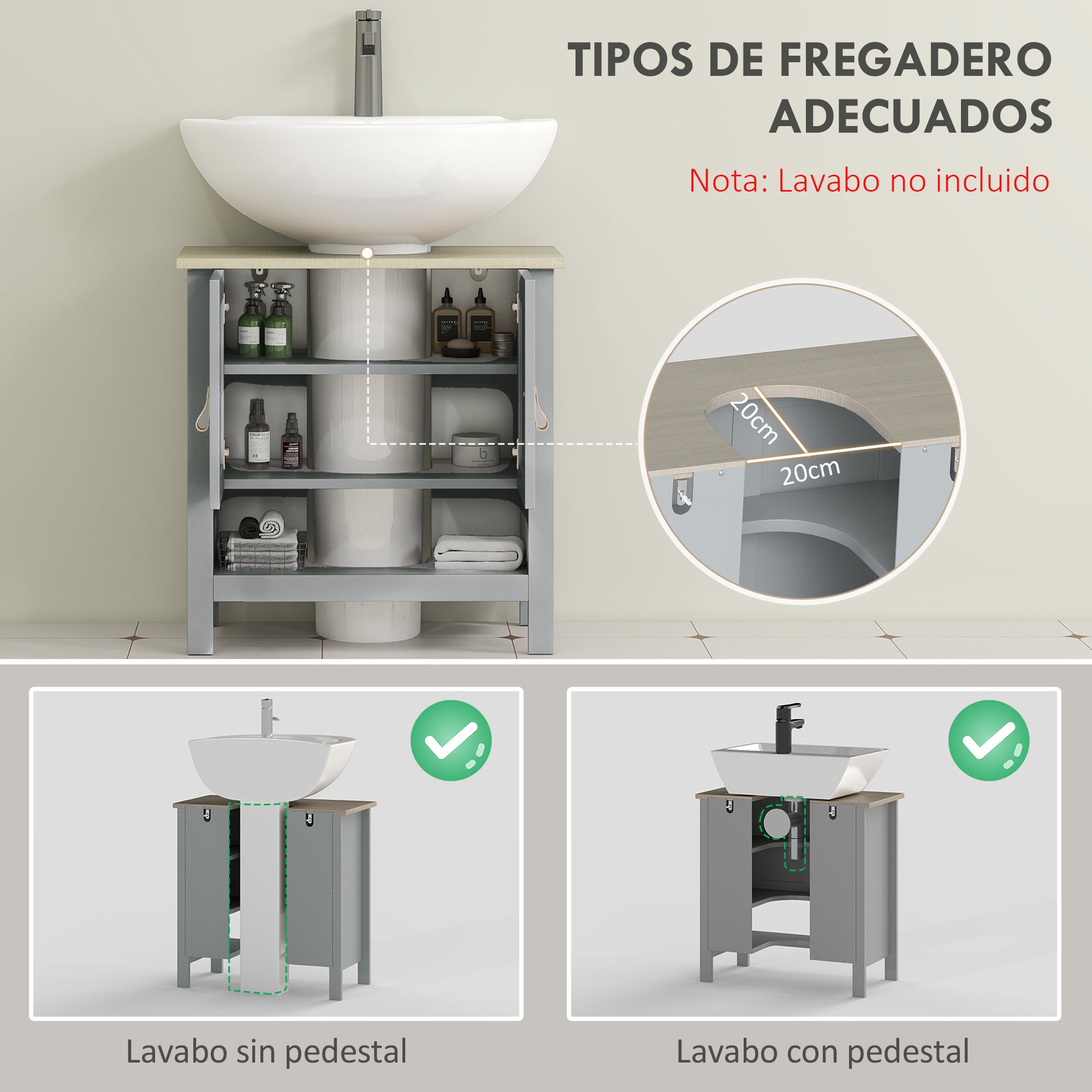 Compact Under Sink Cabinet with 2 Doors and Adjustable Interior Shelf Storage Unit for Bathroom 60x30x60 cm Gray