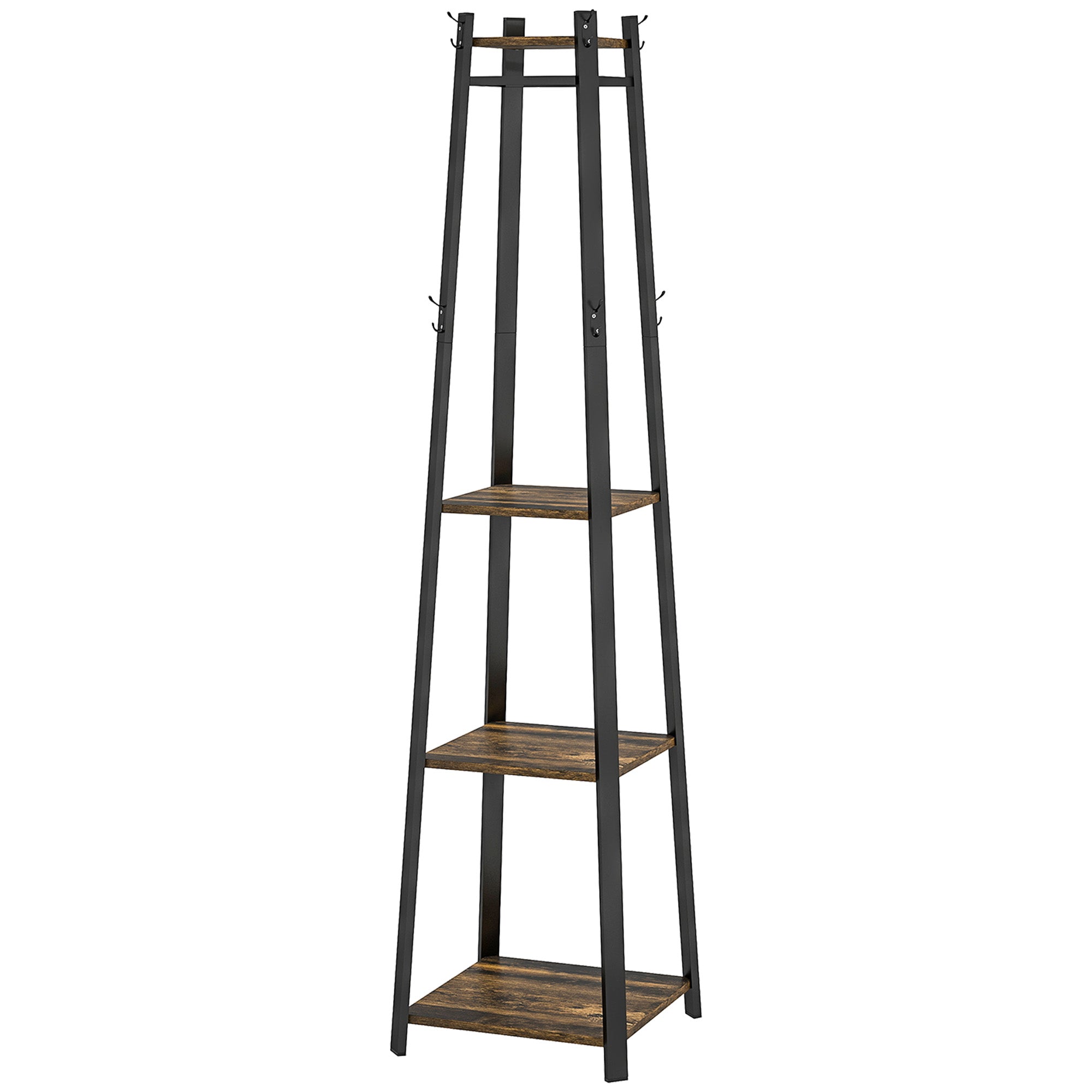 Floor Coat Rack with 8 Hooks, 3 Shelves and Top Shelf, Trapezoid Design for Entryway, Bedroom and Living Room, 34x34x170 cm, Rustic Brown