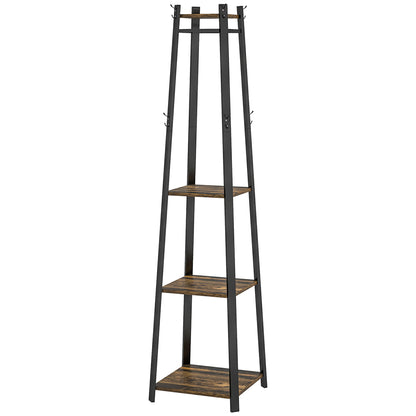 Floor Coat Rack with 8 Hooks, 3 Shelves and Top Shelf, Trapezoid Design for Entryway, Bedroom and Living Room, 34x34x170 cm, Rustic Brown