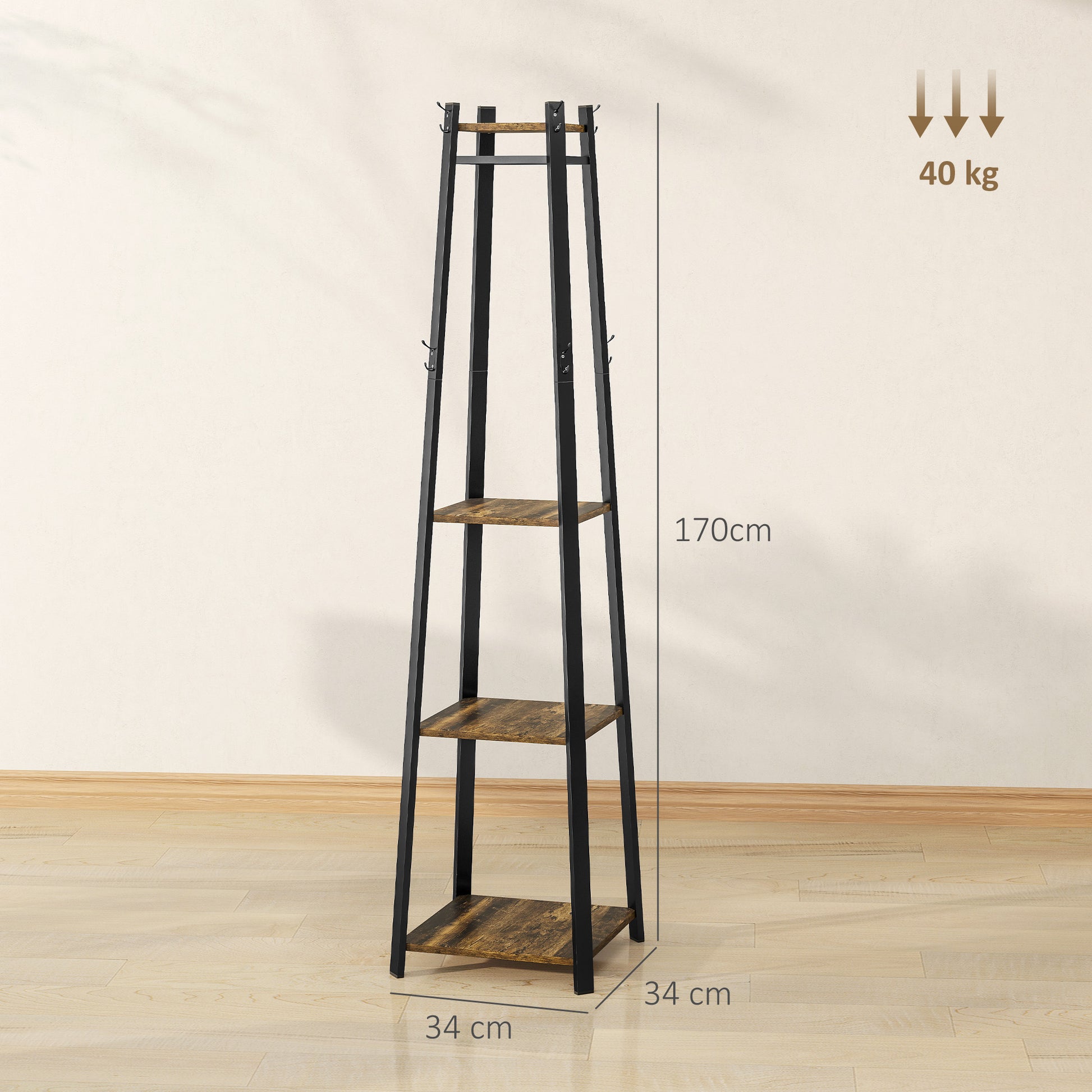 Floor Coat Rack with 8 Hooks, 3 Shelves and Top Shelf, Trapezoid Design for Entryway, Bedroom and Living Room, 34x34x170 cm, Rustic Brown