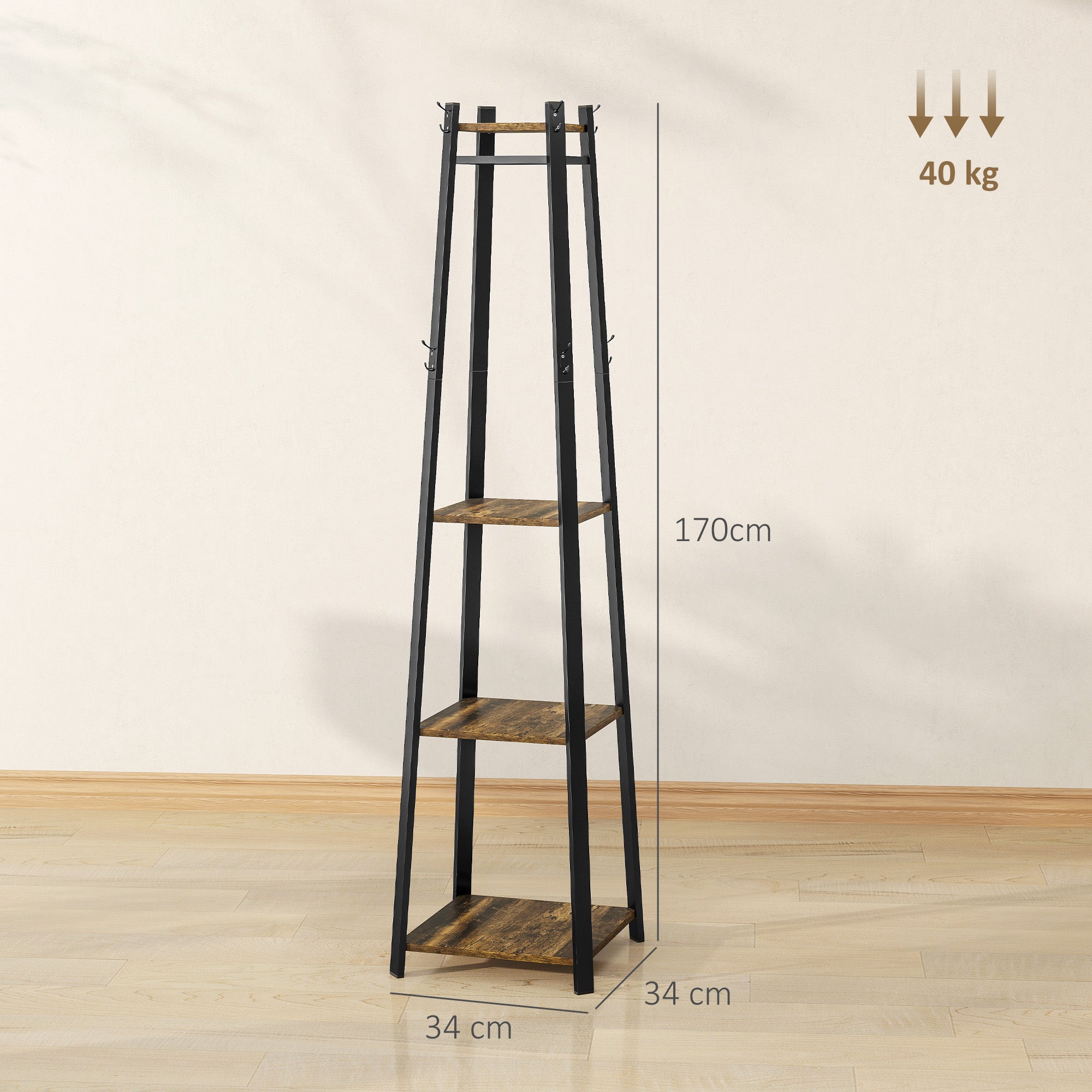 Floor Coat Rack with 8 Hooks, 3 Shelves and Top Shelf, Trapezoid Design for Entryway, Bedroom and Living Room, 34x34x170 cm, Rustic Brown