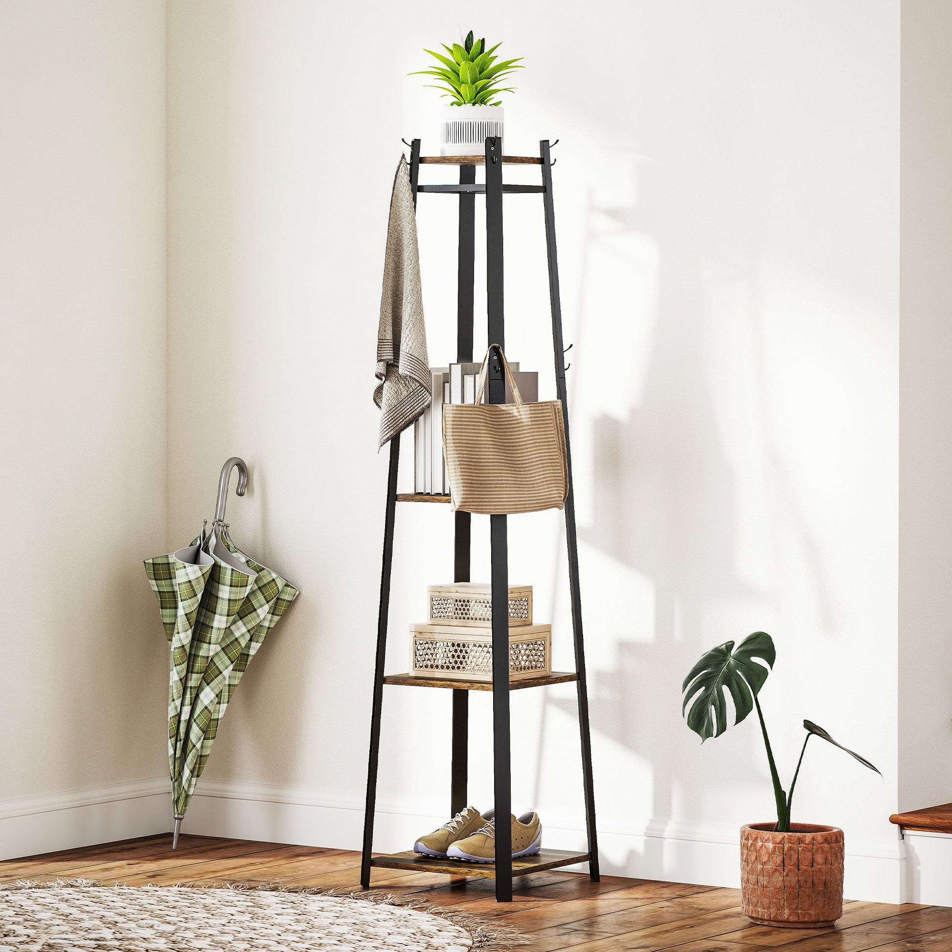 Floor Coat Rack with 8 Hooks, 3 Shelves and Top Shelf, Trapezoid Design for Entryway, Bedroom and Living Room, 34x34x170 cm, Rustic Brown