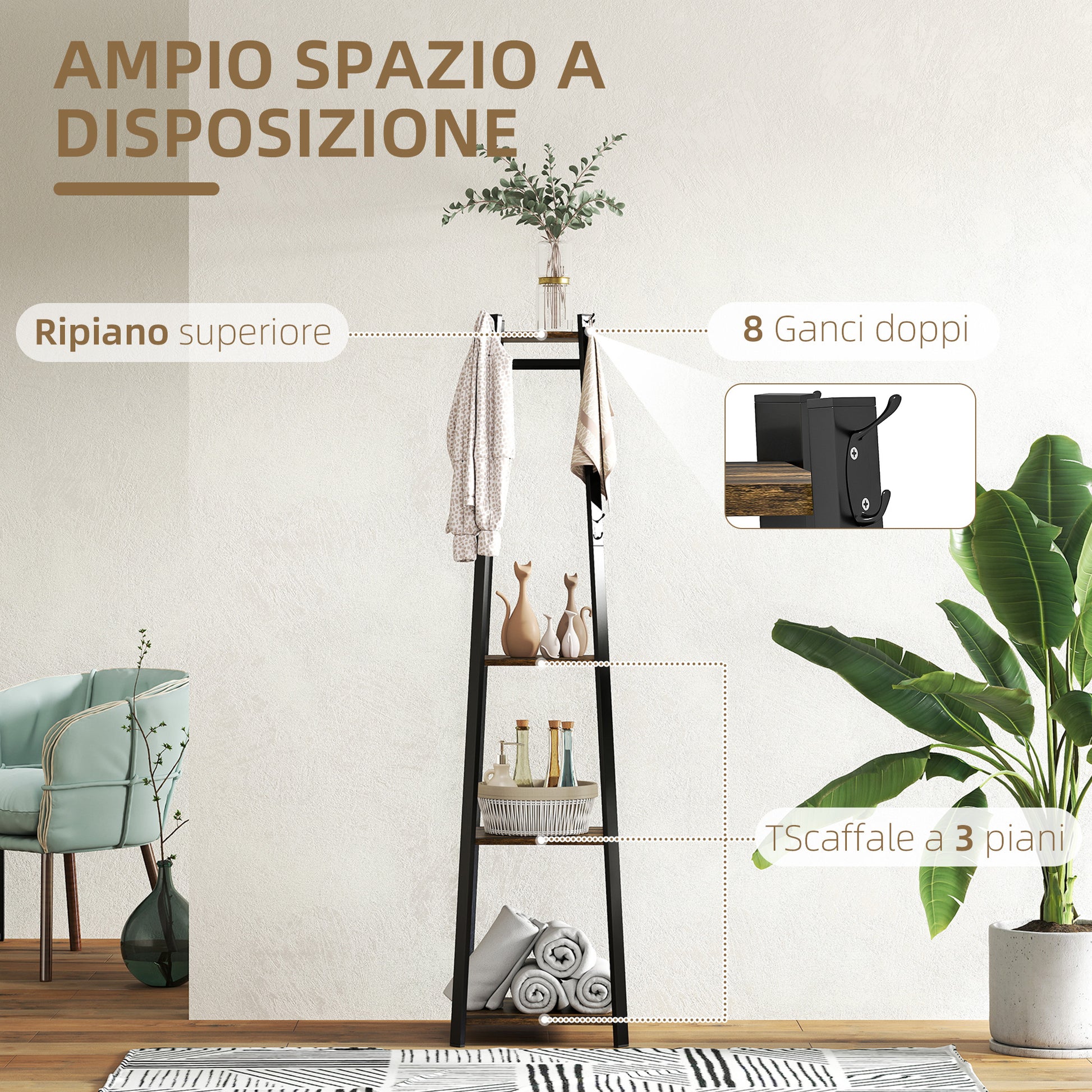 Floor Coat Rack with 8 Hooks, 3 Shelves and Top Shelf, Trapezoid Design for Entryway, Bedroom and Living Room, 34x34x170 cm, Rustic Brown