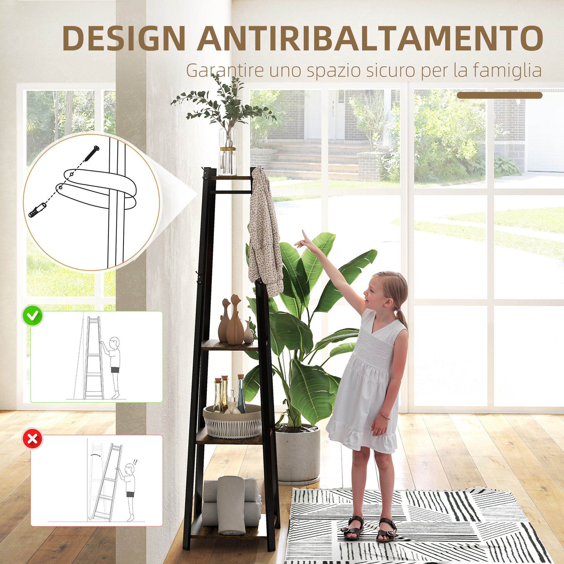 Floor Coat Rack with 8 Hooks, 3 Shelves and Top Shelf, Trapezoid Design for Entryway, Bedroom and Living Room, 34x34x170 cm, Rustic Brown