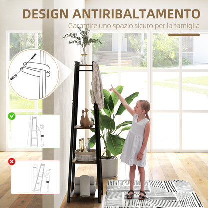 Floor Coat Rack with 8 Hooks, 3 Shelves and Top Shelf, Trapezoid Design for Entryway, Bedroom and Living Room, 34x34x170 cm, Rustic Brown