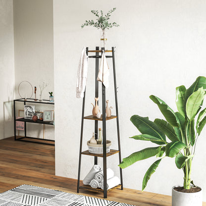 Floor Coat Rack with 8 Hooks, 3 Shelves and Top Shelf, Trapezoid Design for Entryway, Bedroom and Living Room, 34x34x170 cm, Rustic Brown