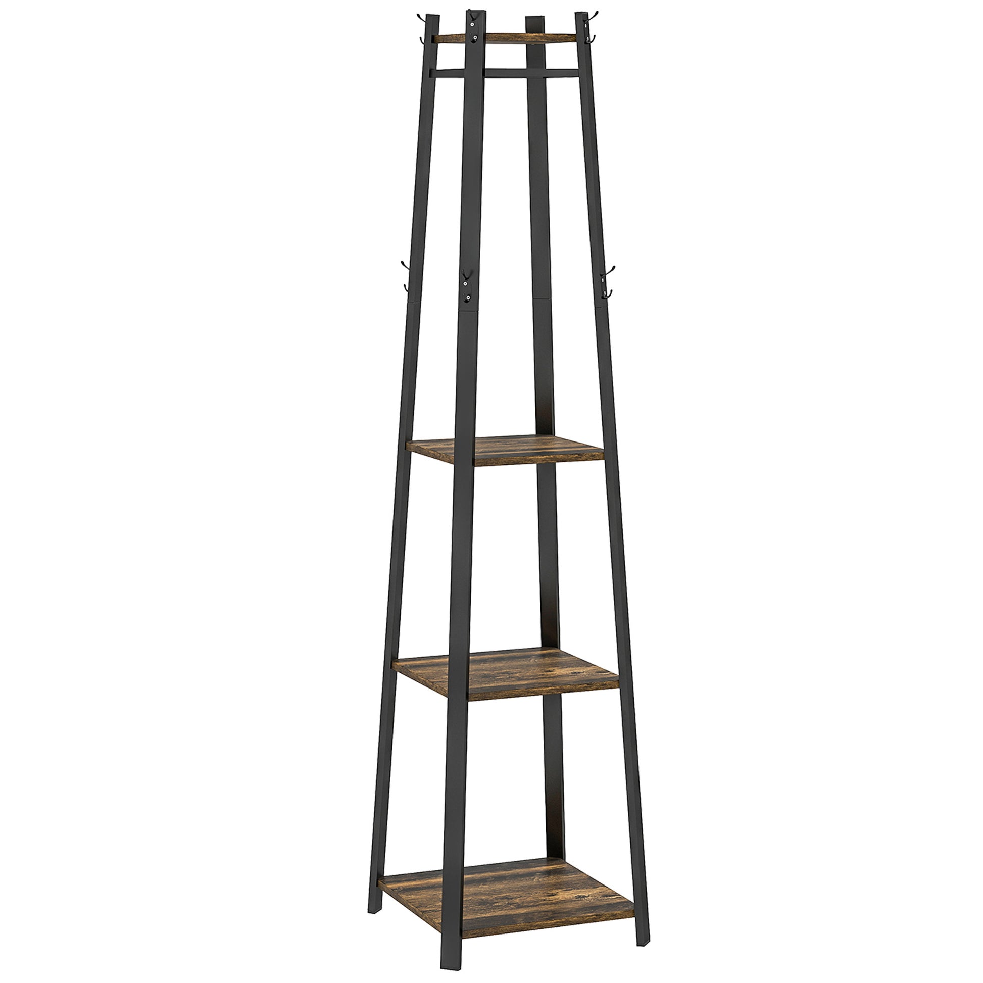 Floor Coat Rack with 8 Hooks, 3 Shelves and Top Shelf, Trapezoid Design for Entryway, Bedroom and Living Room, 34x34x170 cm, Rustic Brown