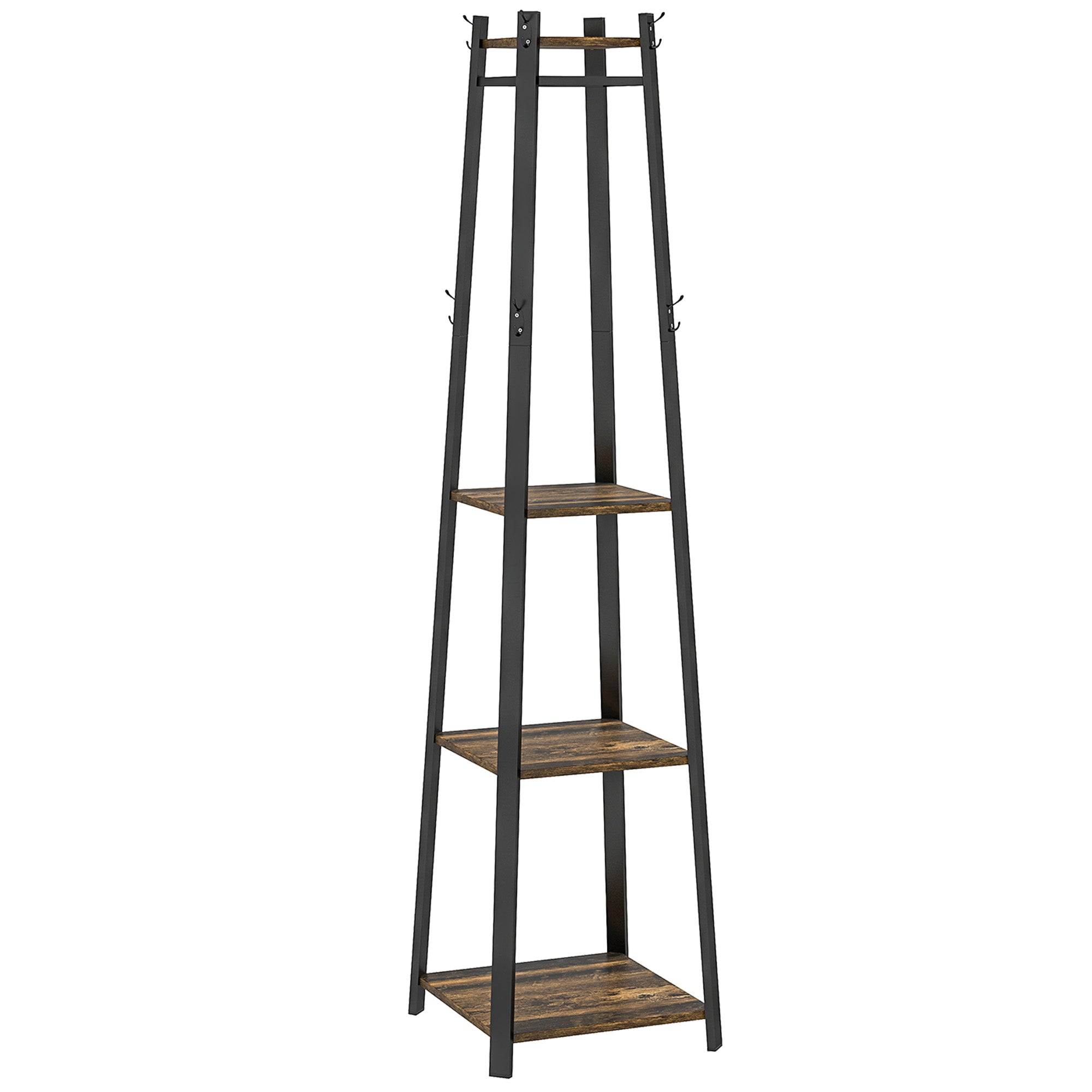 Floor Coat Rack with 8 Hooks, 3 Shelves and Top Shelf, Trapezoid Design for Entryway, Bedroom and Living Room, 34x34x170 cm, Rustic Brown