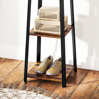 Floor Coat Rack with 8 Hooks, 3 Shelves and Top Shelf, Trapezoid Design for Entryway, Bedroom and Living Room, 34x34x170 cm, Rustic Brown