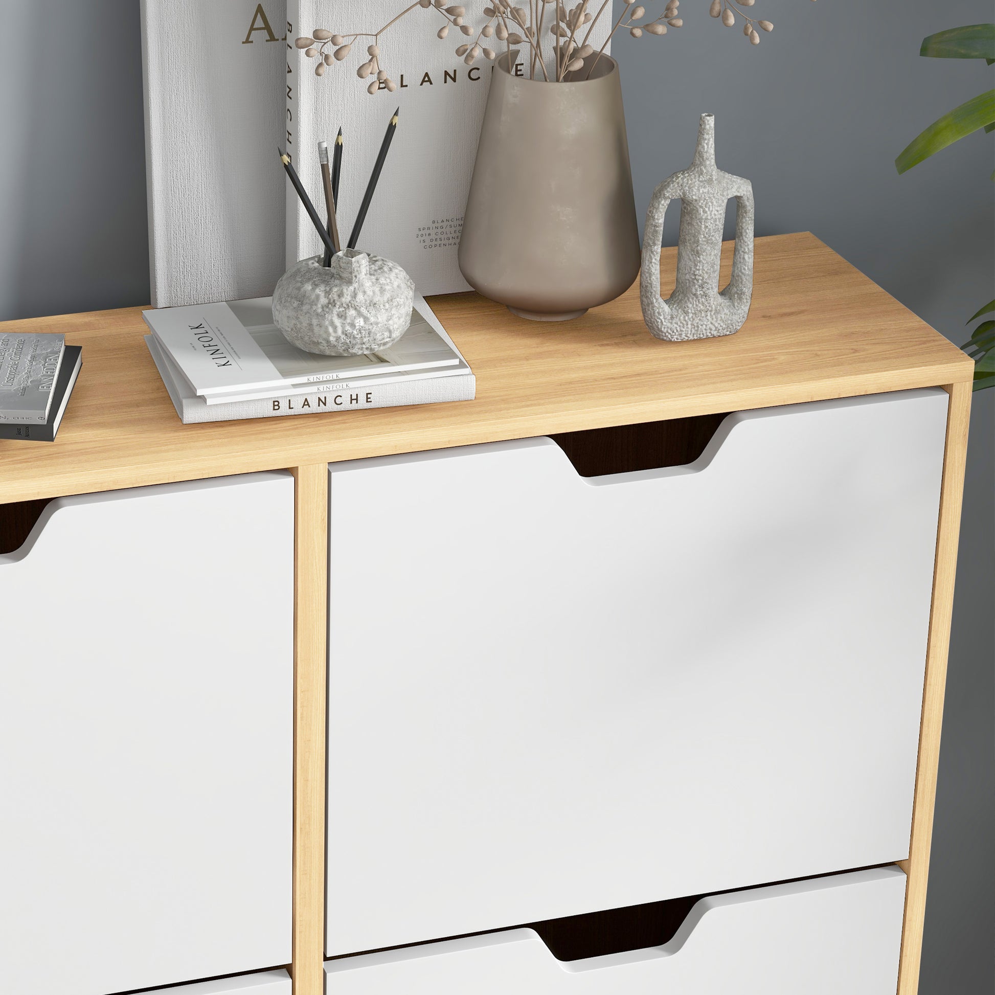 Shoe Cabinet with 4 Flip-Down Drawers and Adjustable Shelves Shoe Storage Closet for 16 Pairs of Shoes Narrow Shoe Rack for Entryway 95x26x95 cm Natural Wood