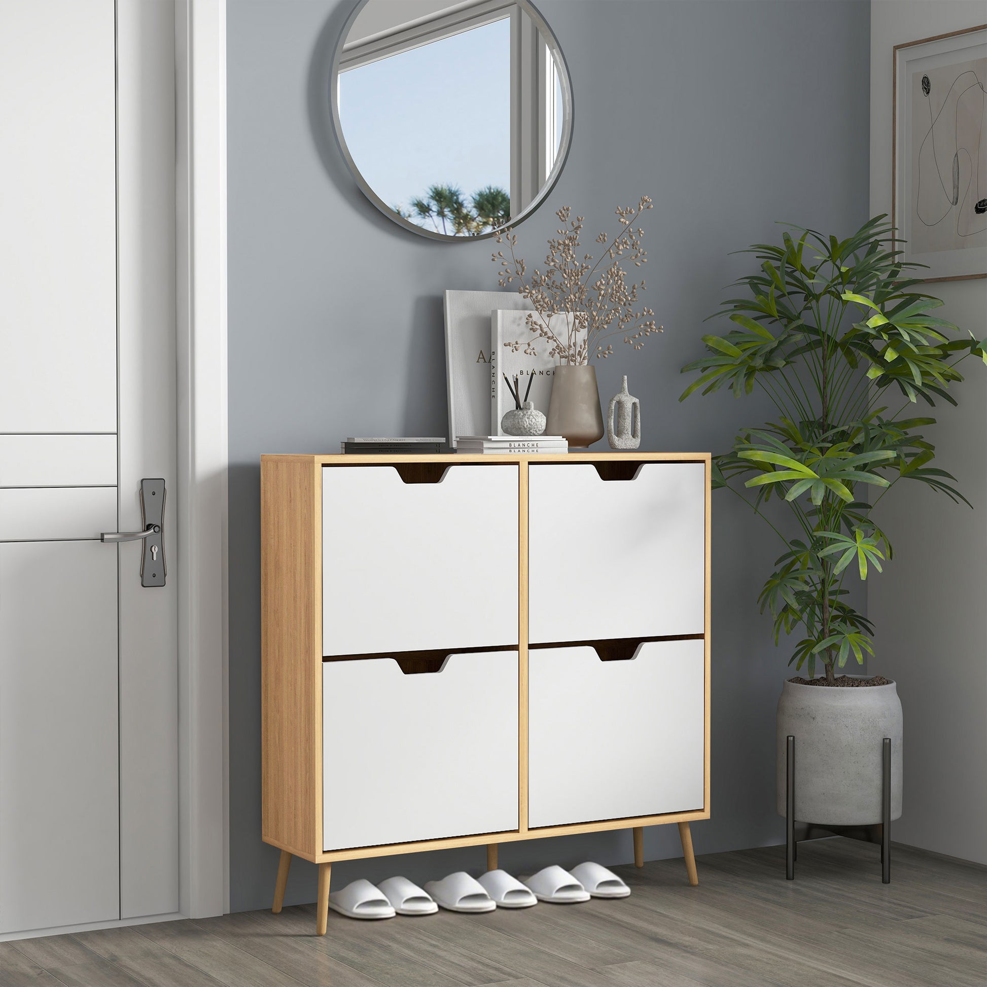 Shoe Cabinet with 4 Flip-Down Drawers and Adjustable Shelves Shoe Storage Closet for 16 Pairs of Shoes Narrow Shoe Rack for Entryway 95x26x95 cm Natural Wood
