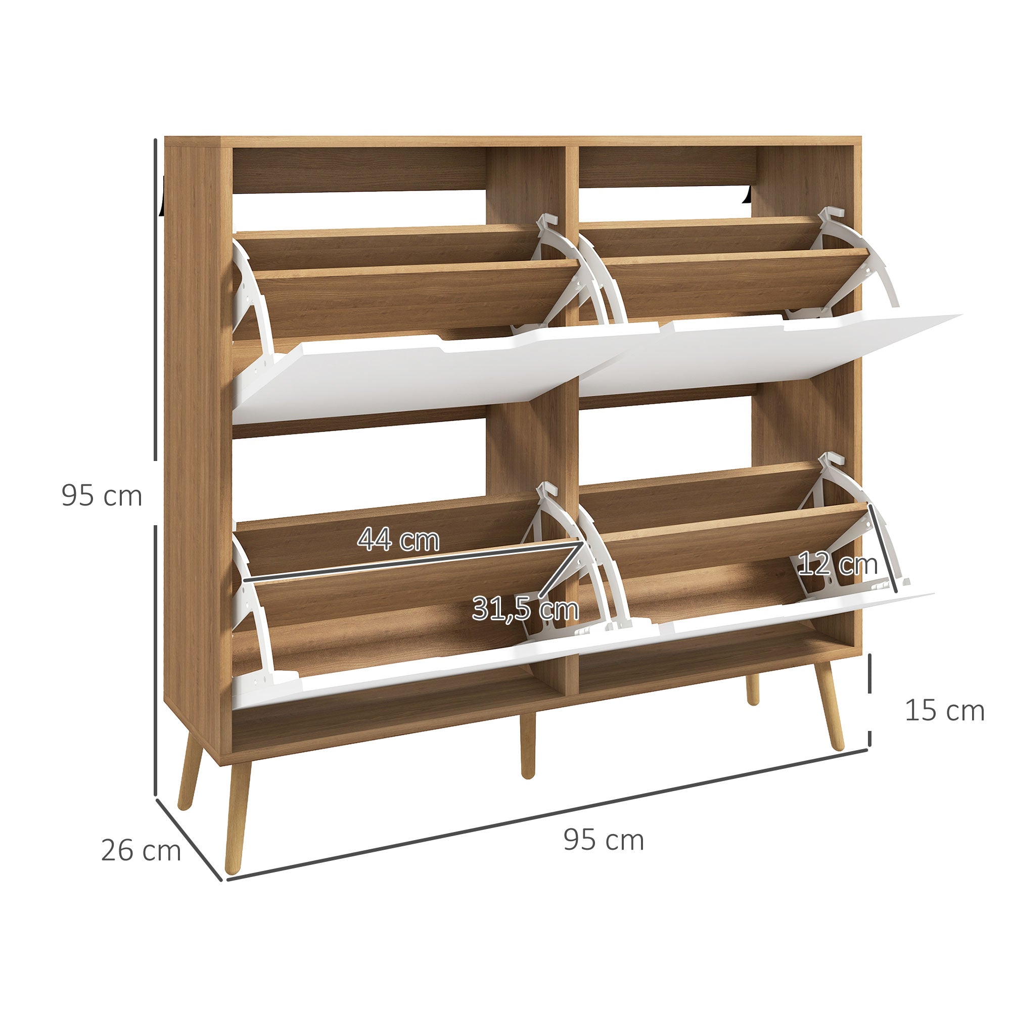 Shoe Cabinet with 4 Flip-Down Drawers and Adjustable Shelves Shoe Storage Closet for 16 Pairs of Shoes Narrow Shoe Rack for Entryway 95x26x95 cm Natural Wood