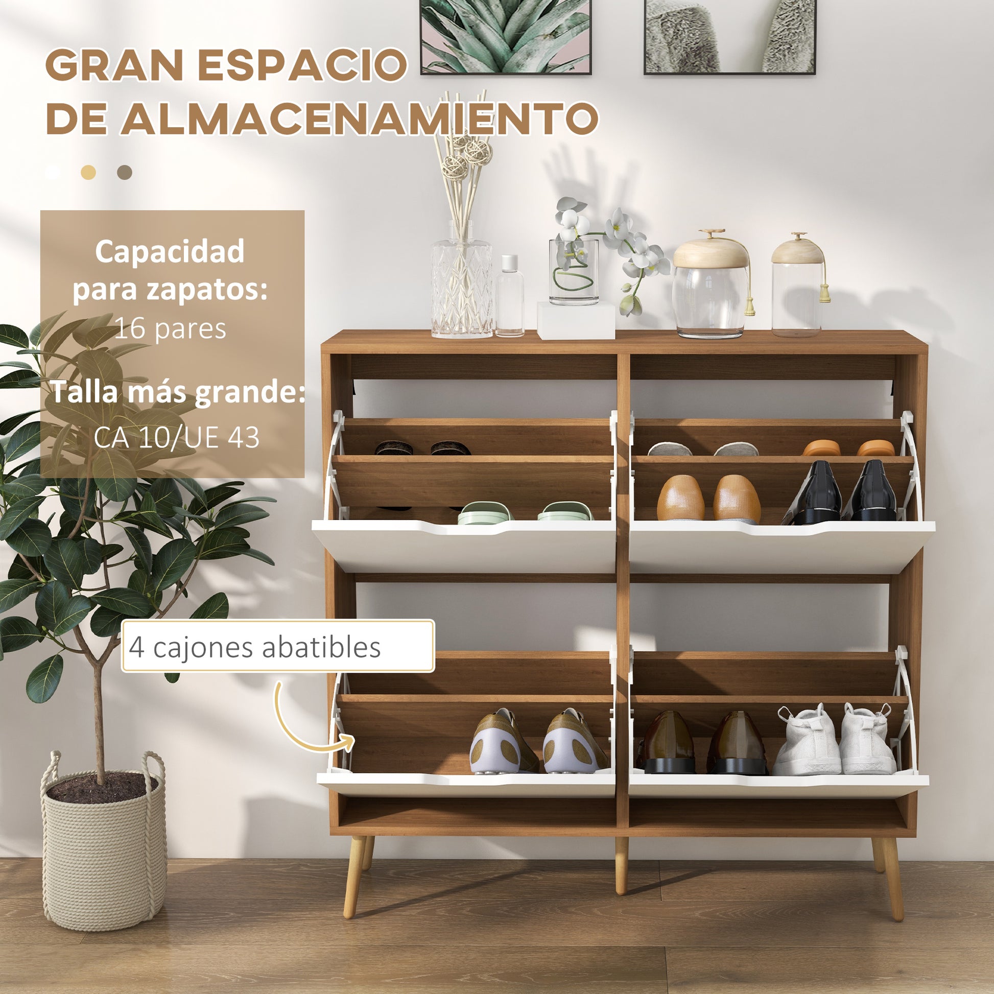 Shoe Cabinet with 4 Flip-Down Drawers and Adjustable Shelves Shoe Storage Closet for 16 Pairs of Shoes Narrow Shoe Rack for Entryway 95x26x95 cm Natural Wood