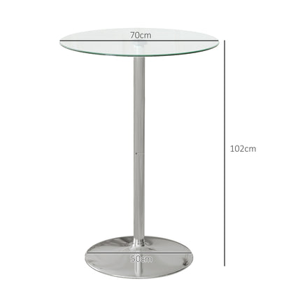 Modern Tall Bar Table, Round Kitchen Table for 2 People with Steel Base and Glass Top, Ø70x102cm, Transparent