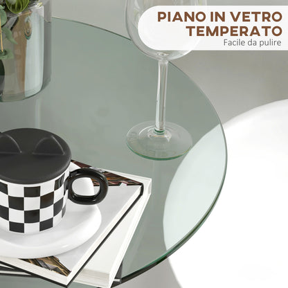 Modern Tall Bar Table, Round Kitchen Table for 2 People with Steel Base and Glass Top, Ø70x102cm, Transparent