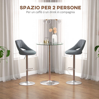Modern Tall Bar Table, Round Kitchen Table for 2 People with Steel Base and Glass Top, Ø70x102cm, Transparent