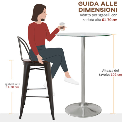 Modern Tall Bar Table, Round Kitchen Table for 2 People with Steel Base and Glass Top, Ø70x102cm, Transparent