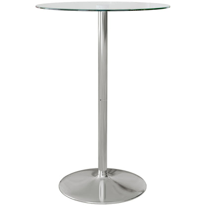 Modern Tall Bar Table, Round Kitchen Table for 2 People with Steel Base and Glass Top, Ø70x102cm, Transparent