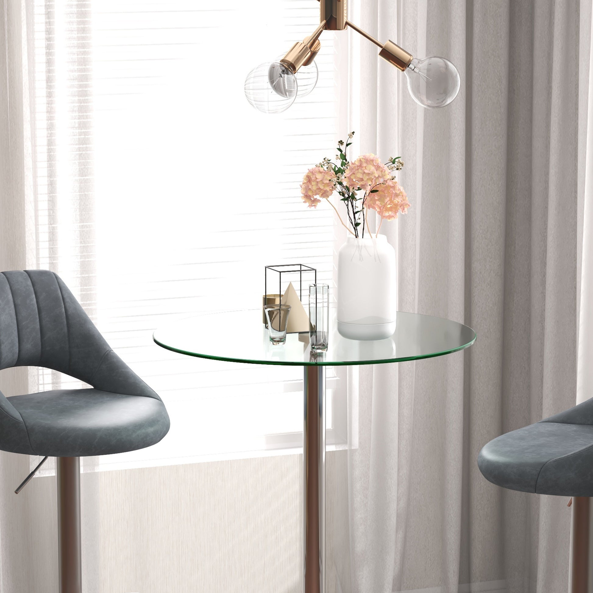 Modern Tall Bar Table, Round Kitchen Table for 2 People with Steel Base and Glass Top, Ø70x102cm, Transparent