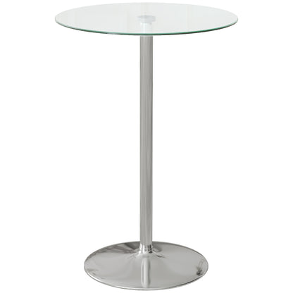 Modern Tall Bar Table, Round Kitchen Table for 2 People with Steel Base and Glass Top, Ø70x102cm, Transparent