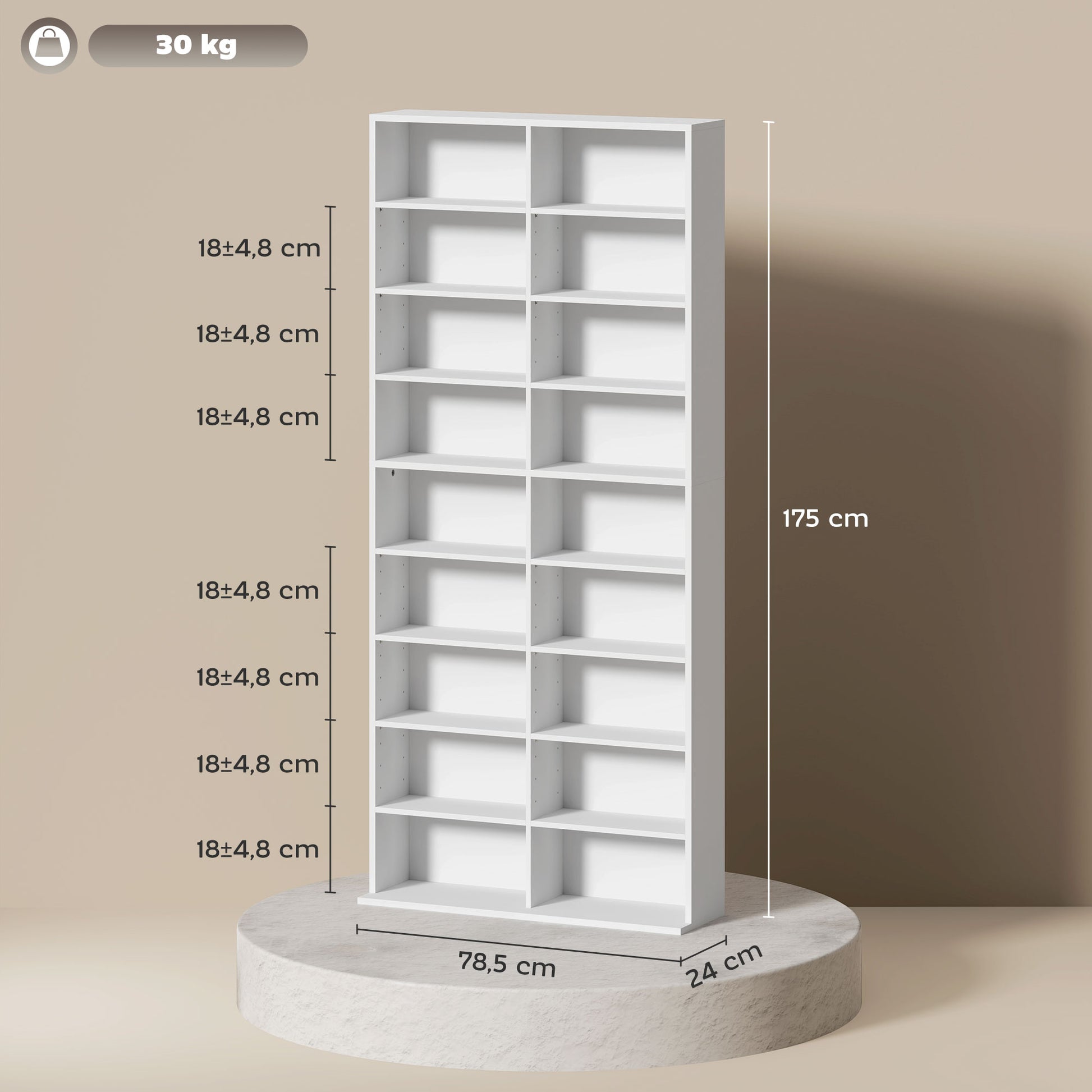 CD DVD Blu-ray Shelf CD Stand for up to 640 CDs or 360 DVDs or 430 Blu-rays Storage with Adjustable Shelf Bookshelf Media Rack for Living Room 78.5 x 24 x 175 cm White