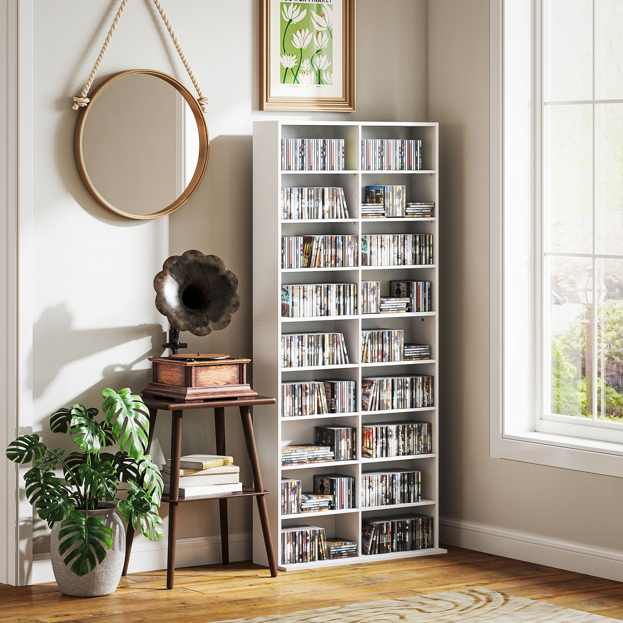CD DVD Blu-ray Shelf CD Stand for up to 640 CDs or 360 DVDs or 430 Blu-rays Storage with Adjustable Shelf Bookshelf Media Rack for Living Room 78.5 x 24 x 175 cm White