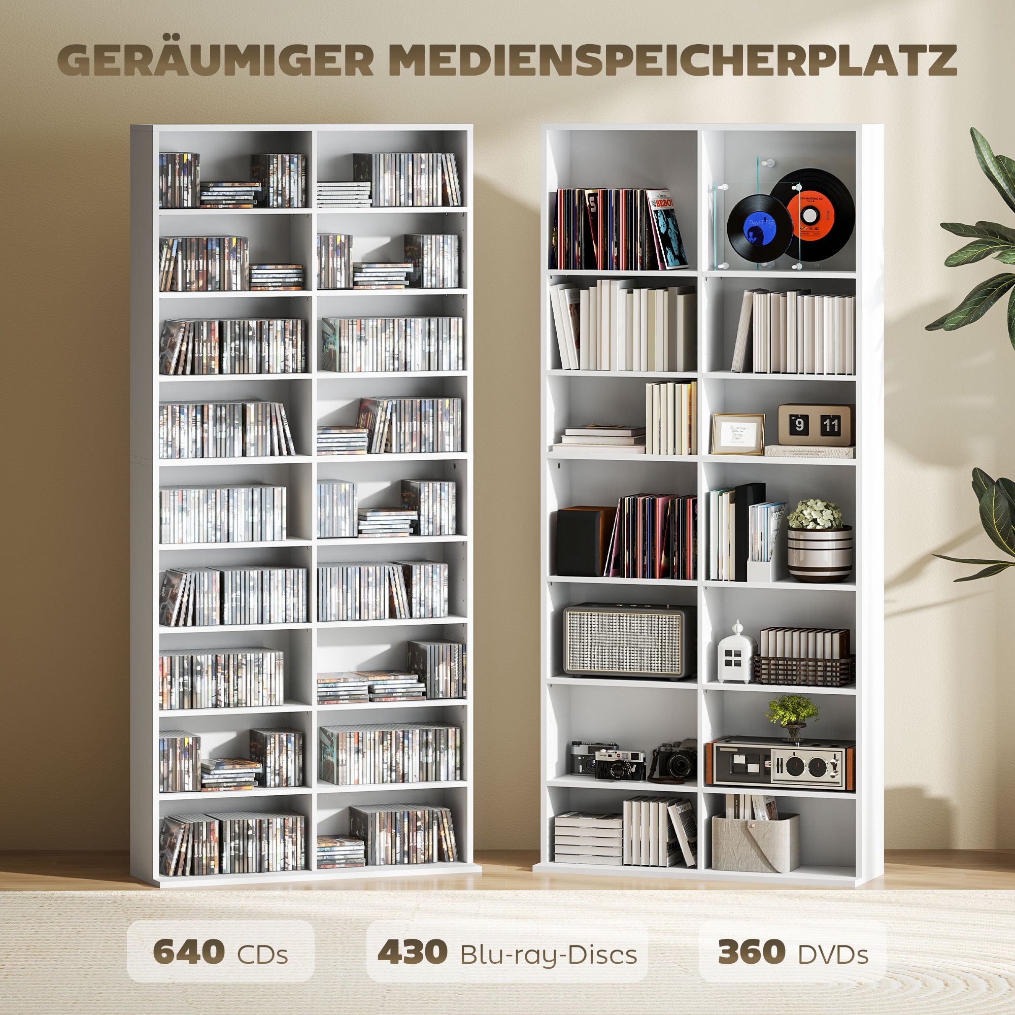 CD DVD Blu-ray Shelf CD Stand for up to 640 CDs or 360 DVDs or 430 Blu-rays Storage with Adjustable Shelf Bookshelf Media Rack for Living Room 78.5 x 24 x 175 cm White