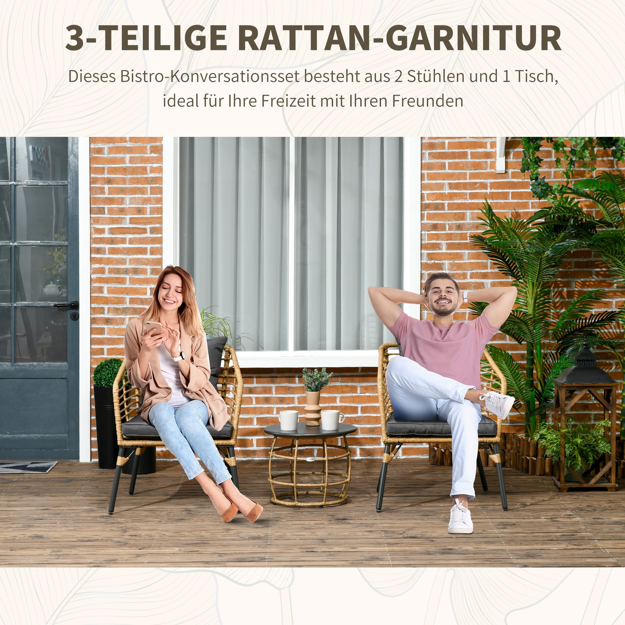Rattan Garden Furniture Set, 3-Piece Seating Group, including Coffee Table and 2 Chairs, Bistro Set with Cushions, Patio Furniture for Terrace, Balcony, Steel, Sand+Dark Gray