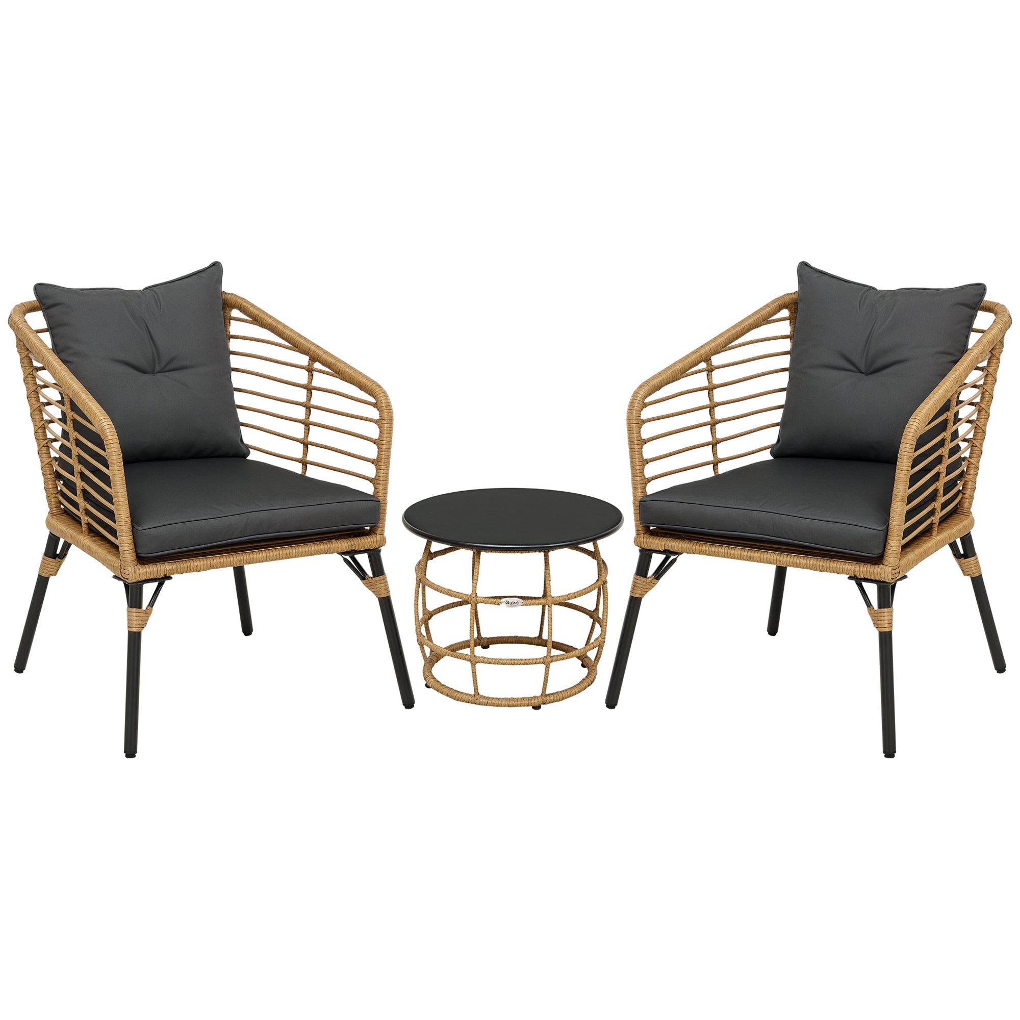 Rattan Garden Furniture Set, 3-Piece Seating Group, including Coffee Table and 2 Chairs, Bistro Set with Cushions, Patio Furniture for Terrace, Balcony, Steel, Sand+Dark Gray