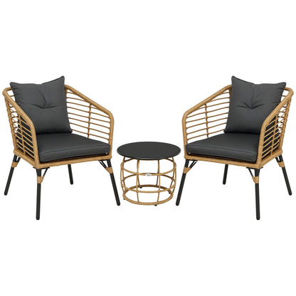 Rattan Garden Furniture Set, 3-Piece Seating Group, including Coffee Table and 2 Chairs, Bistro Set with Cushions, Patio Furniture for Terrace, Balcony, Steel, Sand+Dark Gray