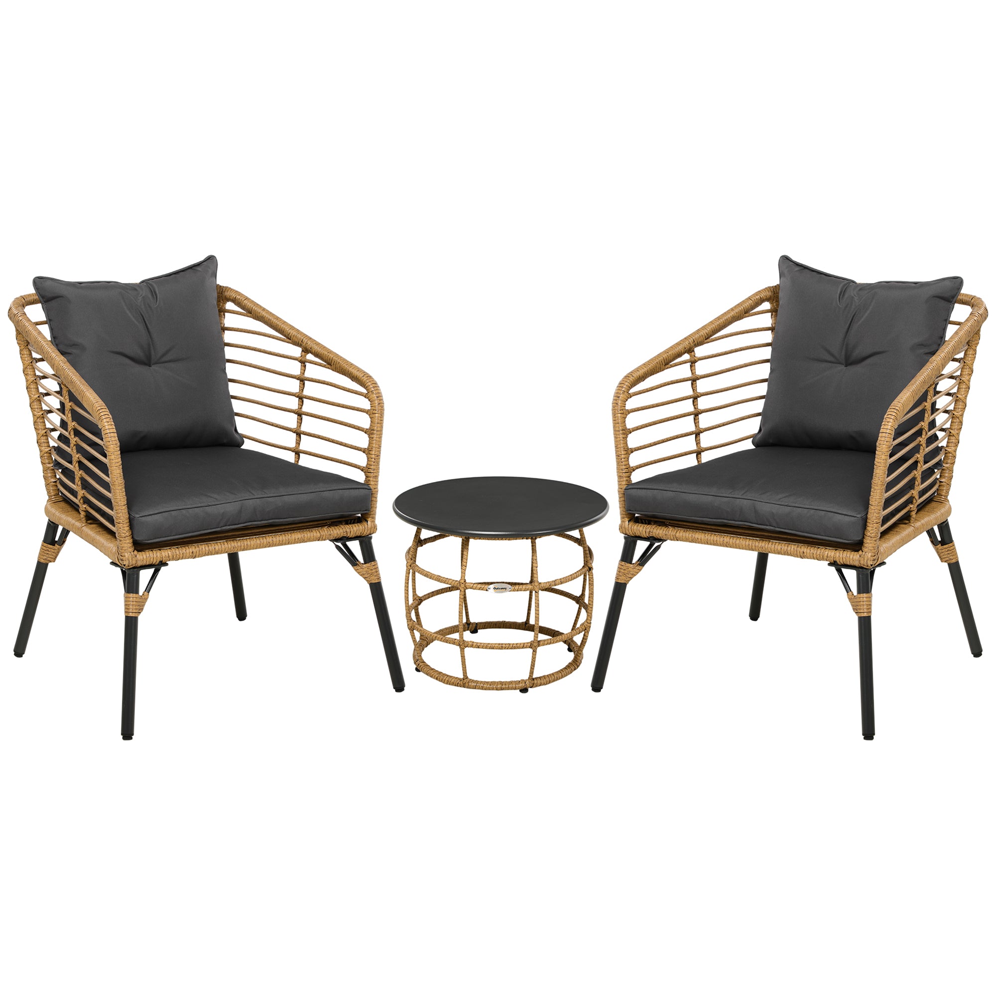 Rattan Garden Furniture Set, 3-Piece Seating Group, including Coffee Table and 2 Chairs, Bistro Set with Cushions, Patio Furniture for Terrace, Balcony, Steel, Sand+Dark Gray