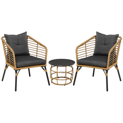 Rattan Garden Furniture Set, 3-Piece Seating Group, including Coffee Table and 2 Chairs, Bistro Set with Cushions, Patio Furniture for Terrace, Balcony, Steel, Sand+Dark Gray