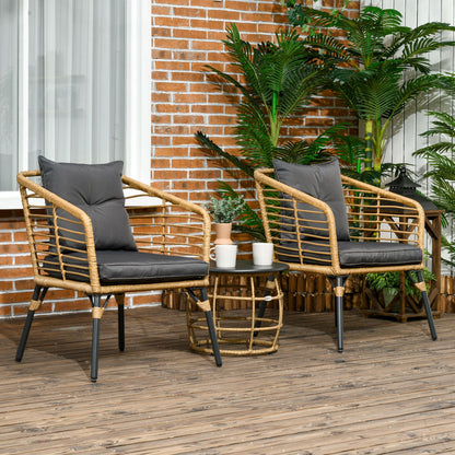 Rattan Garden Furniture Set, 3-Piece Seating Group, including Coffee Table and 2 Chairs, Bistro Set with Cushions, Patio Furniture for Terrace, Balcony, Steel, Sand+Dark Gray