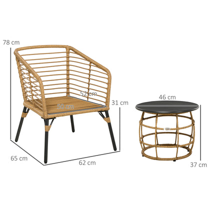 Rattan Garden Furniture Set, 3-Piece Seating Group, including Coffee Table and 2 Chairs, Bistro Set with Cushions, Patio Furniture for Terrace, Balcony, Steel, Sand+Dark Gray
