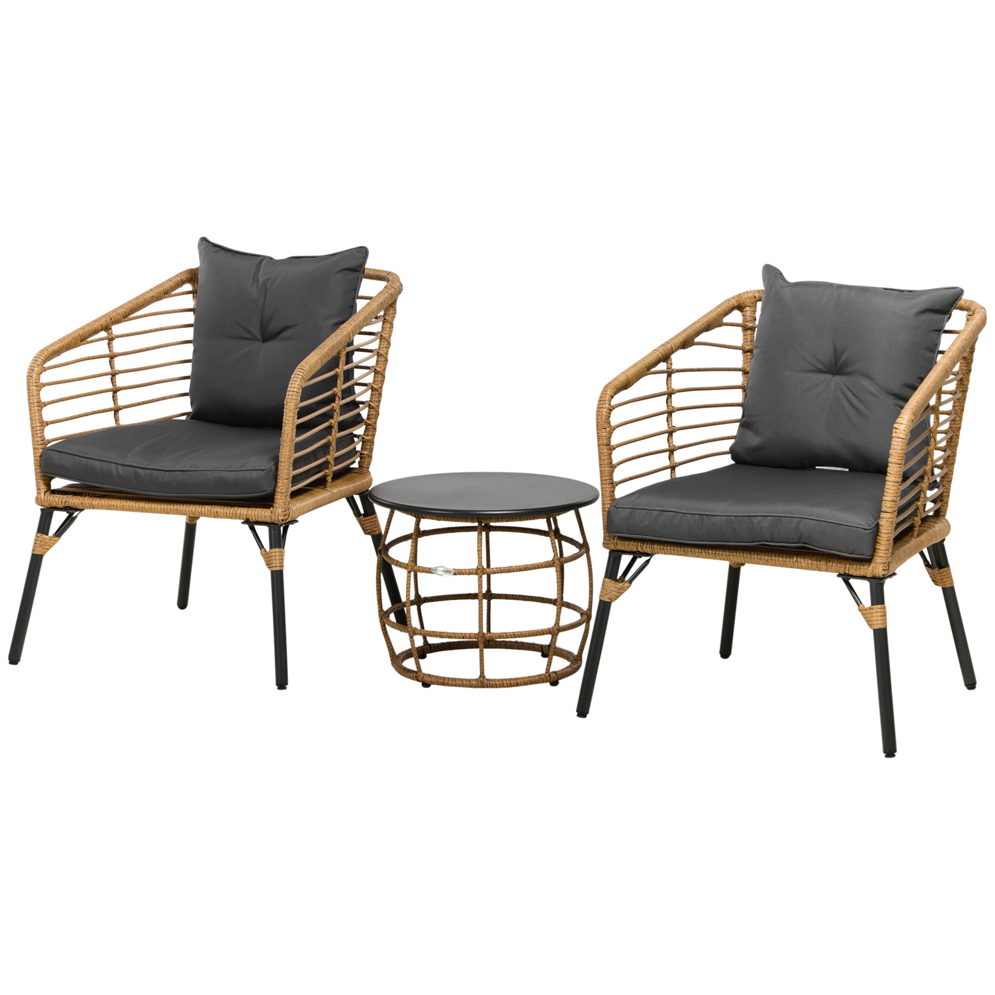 Rattan Garden Furniture Set, 3-Piece Seating Group, including Coffee Table and 2 Chairs, Bistro Set with Cushions, Patio Furniture for Terrace, Balcony, Steel, Sand+Dark Gray