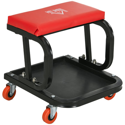 Workshop Stool with Wheels Tool Tray 37cm high Rolling Stool supports up to 100 kg Work Stool Rolling Seat for Workshop Red