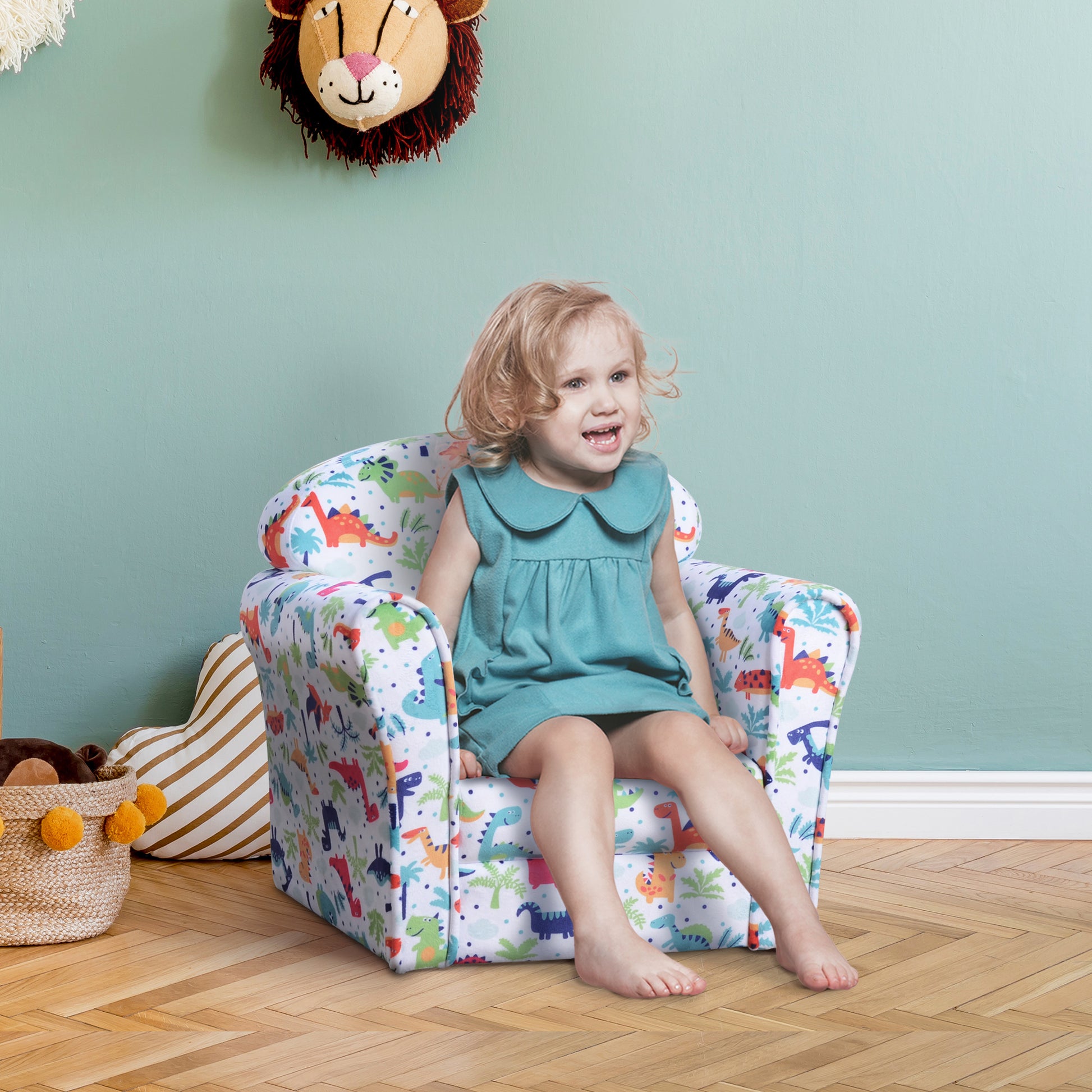 Children's Armchair Sofa for Kids +18 Months with Dinosaur Print Solid Wood Frame Foam Padding and Flannel Upholstery 50x39x44 cm Multicolor