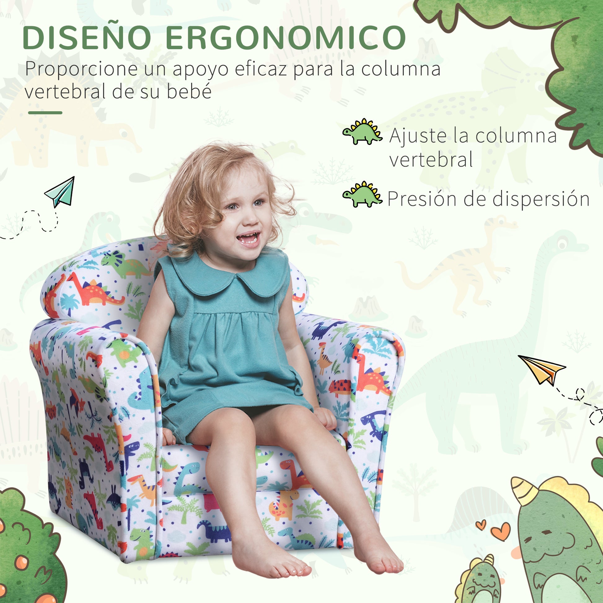 Children's Armchair Sofa for Kids +18 Months with Dinosaur Print Solid Wood Frame Foam Padding and Flannel Upholstery 50x39x44 cm Multicolor