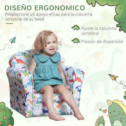 Children's Armchair Sofa for Kids +18 Months with Dinosaur Print Solid Wood Frame Foam Padding and Flannel Upholstery 50x39x44 cm Multicolor