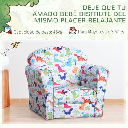 Children's Armchair Sofa for Kids +18 Months with Dinosaur Print Solid Wood Frame Foam Padding and Flannel Upholstery 50x39x44 cm Multicolor