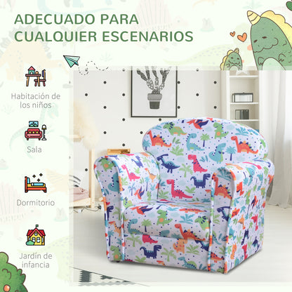 Children's Armchair Sofa for Kids +18 Months with Dinosaur Print Solid Wood Frame Foam Padding and Flannel Upholstery 50x39x44 cm Multicolor