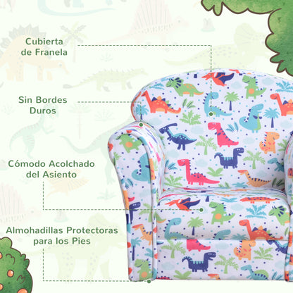 Children's Armchair Sofa for Kids +18 Months with Dinosaur Print Solid Wood Frame Foam Padding and Flannel Upholstery 50x39x44 cm Multicolor