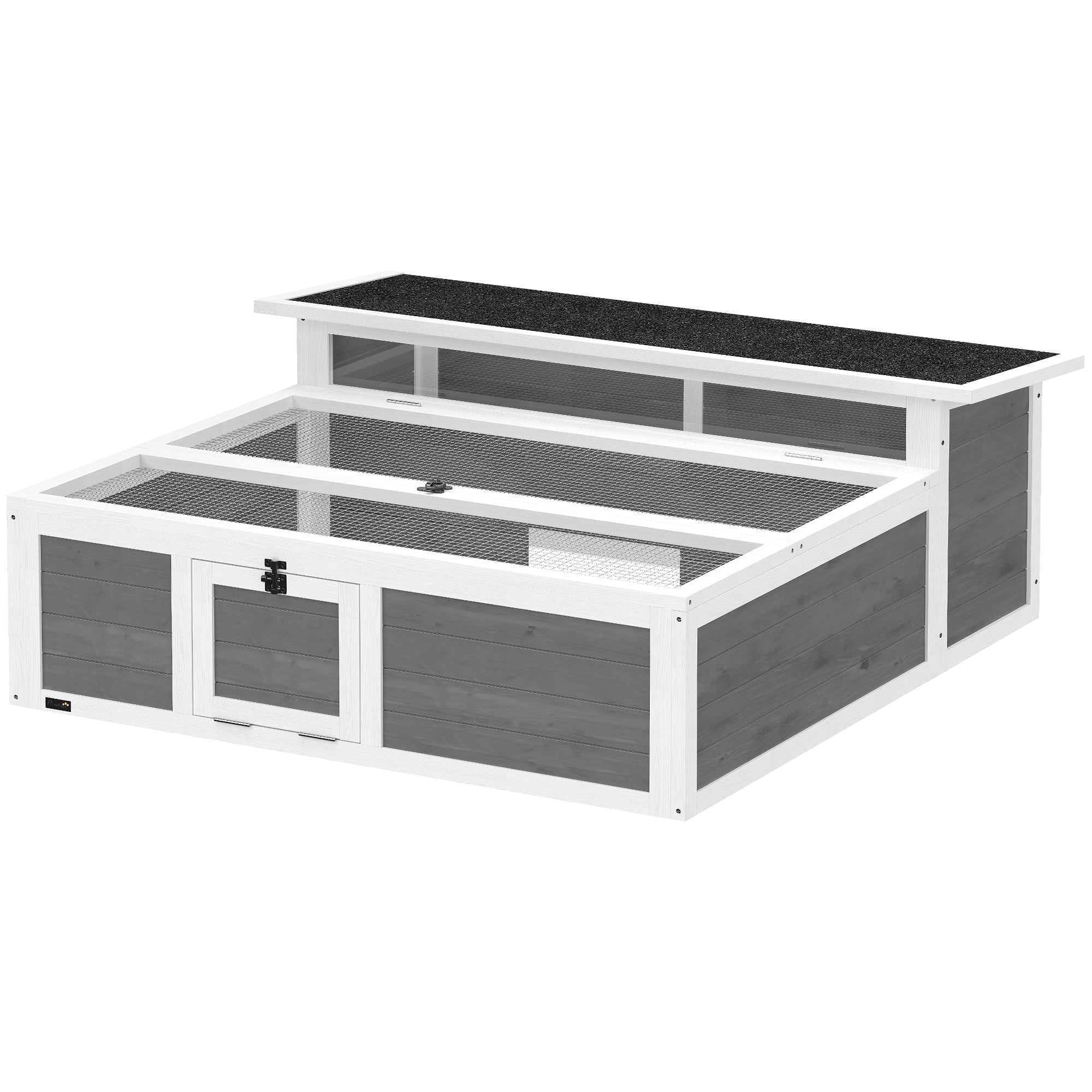 Turtle Habitat with Run — Wooden Enclosure with Clear Window, Top Opening and Multiple Doors, Garden House for Turtle or Rabbit, Dark Gray