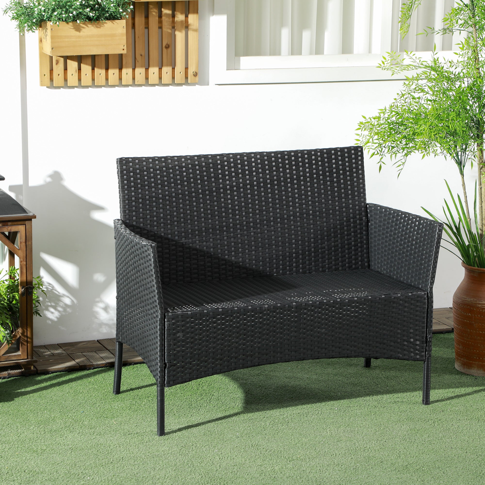 PE Rattan and Steel Outdoor Garden Sofa, 2-Seater with Cushion and Armrests, 100x54x80cm, Black