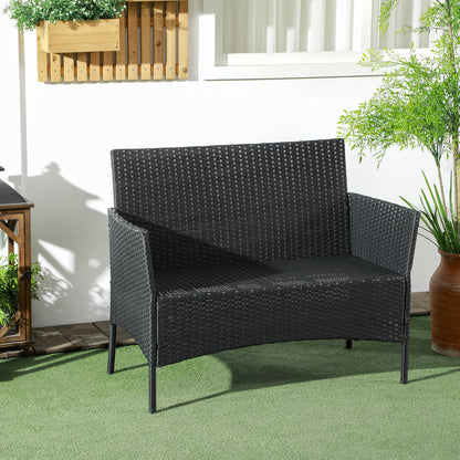 PE Rattan and Steel Outdoor Garden Sofa, 2-Seater with Cushion and Armrests, 100x54x80cm, Black