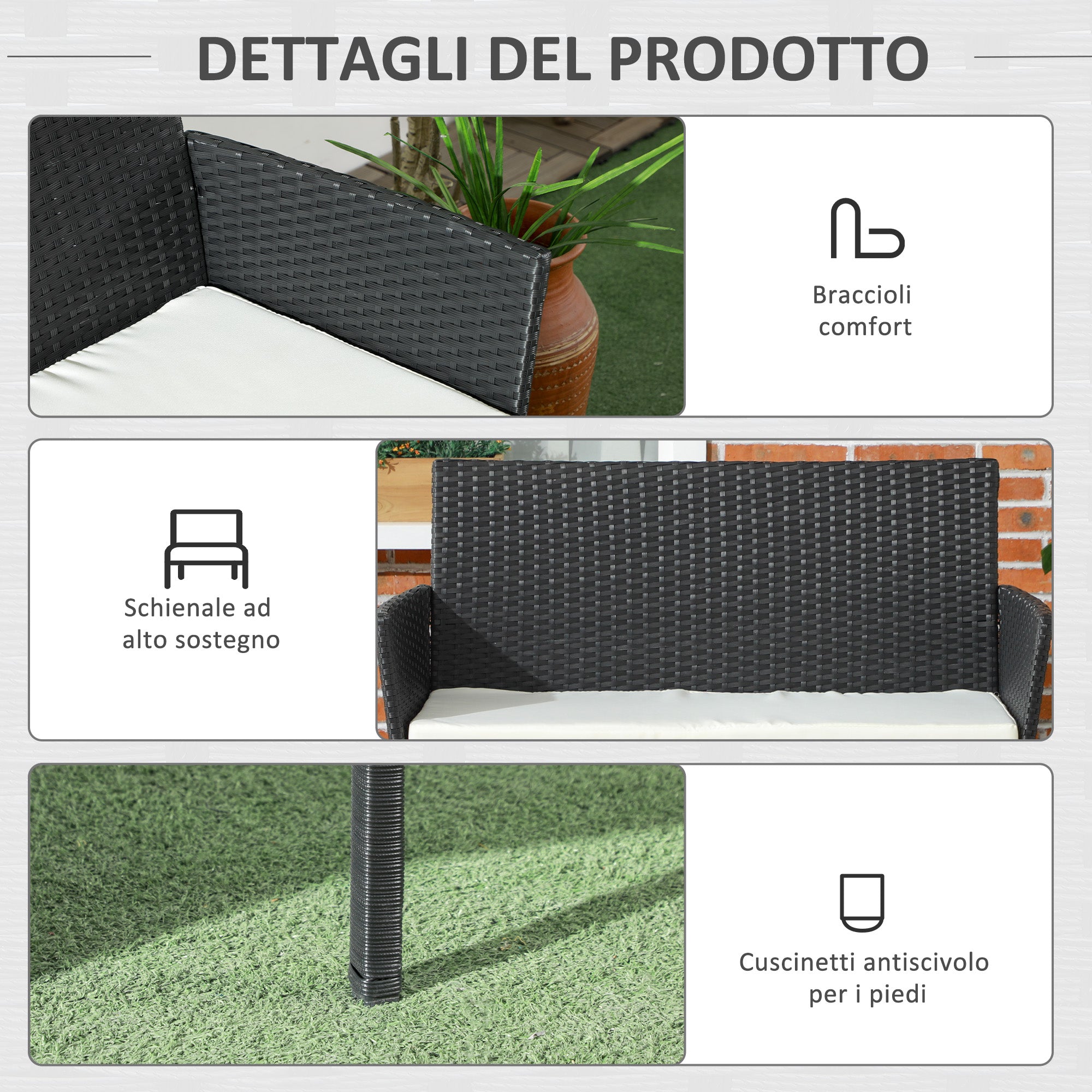 PE Rattan and Steel Outdoor Garden Sofa, 2-Seater with Cushion and Armrests, 100x54x80cm, Black